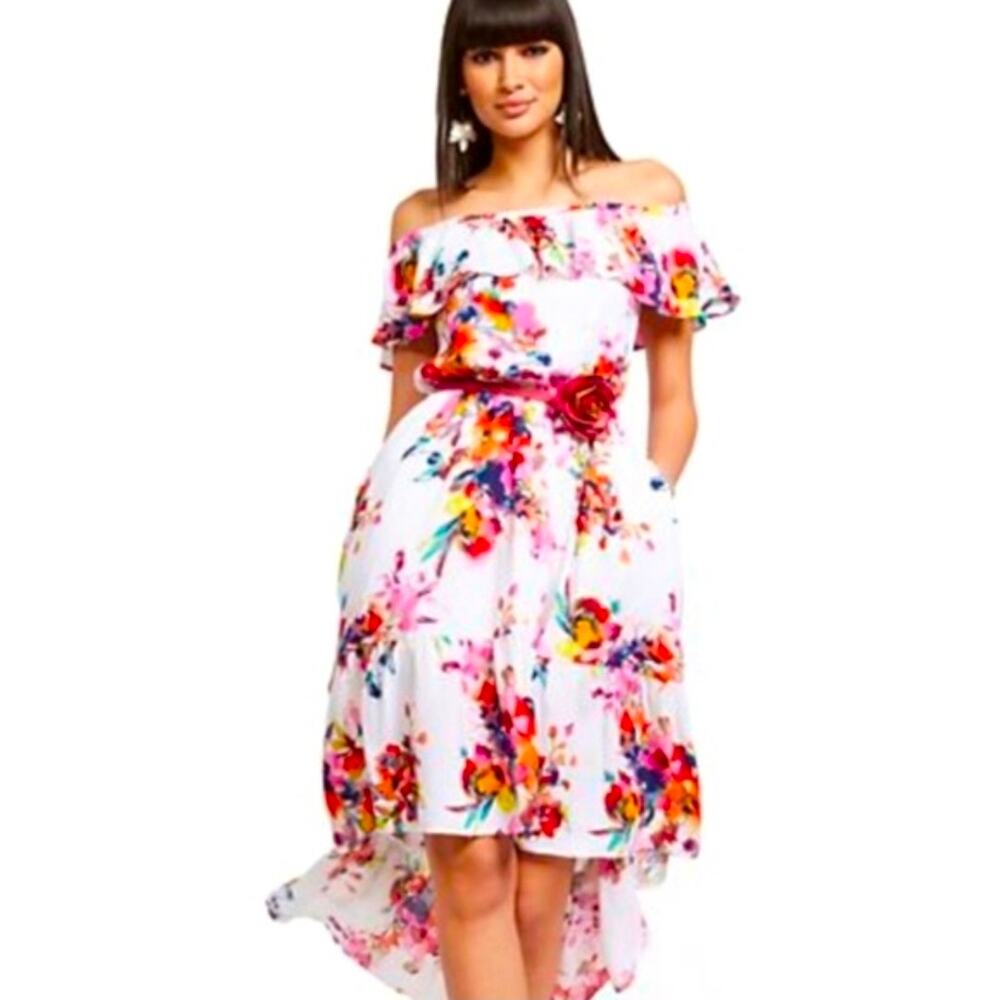 New York & Company Off Shoulder Maxi Floral Multi White Lo-Hi Dress Size Large